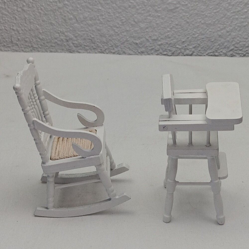 1:12 Dollhouse Mini Furniture High Chair & Classic Rocking Chair White Wood - Picture 6 of 9